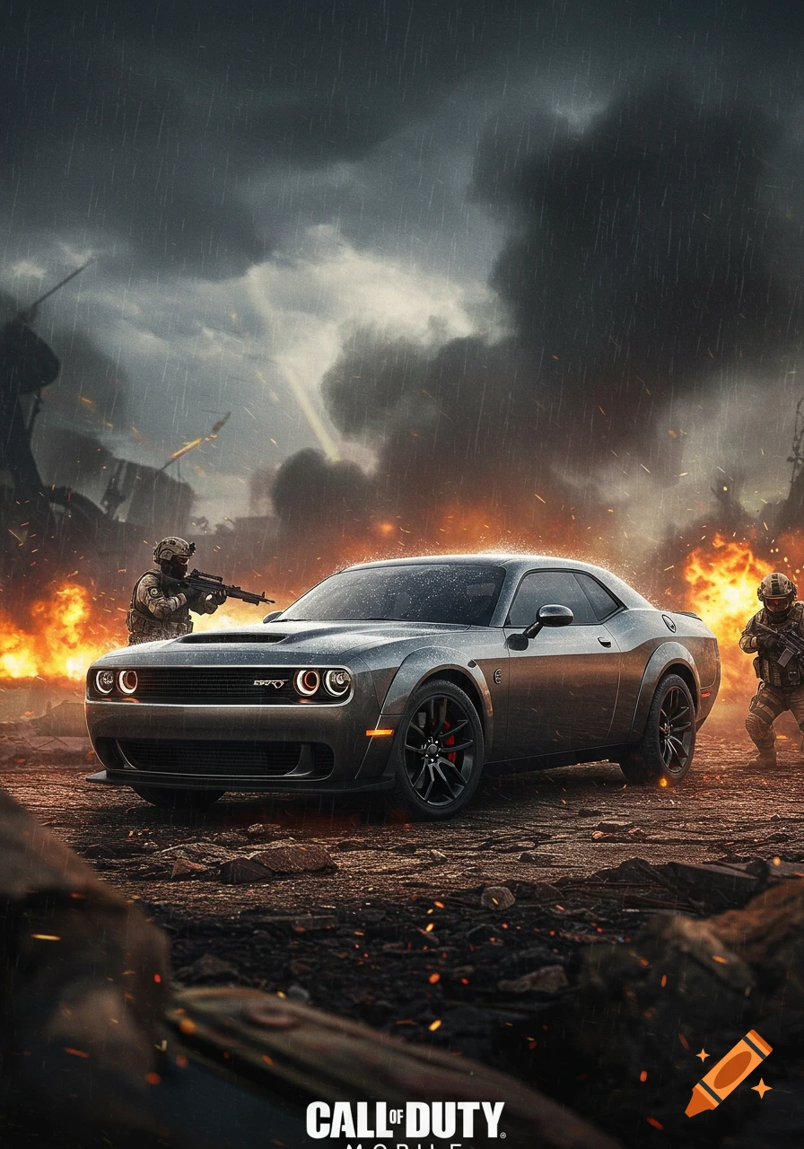 A gray Dodge Challenger in a war-torn city with armed soldiers, rain, explosions, and smoke, like a video game screenshot.