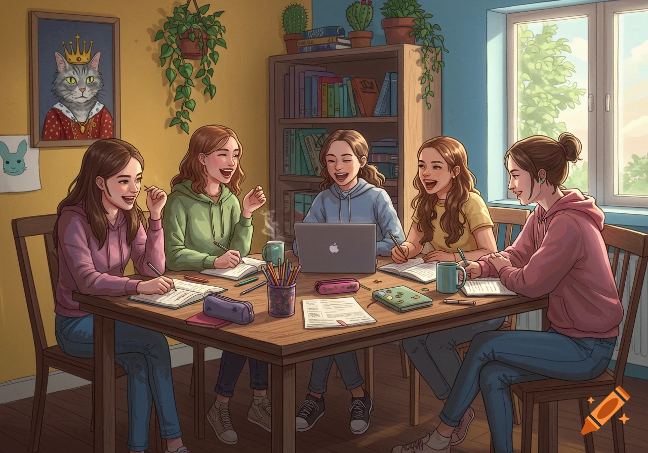 Five cheerful girls study together around a table in a cozy, colorful room with a cat portrait.