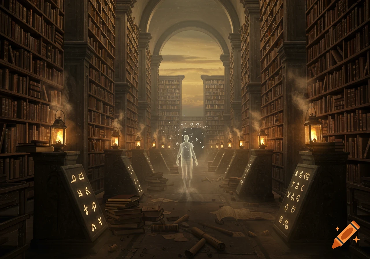A translucent, ghostly figure walks down the long aisle of a grand, dimly lit library with tall bookshelves. Glowing symbols adorn slanted boards in the foreground, and lanterns cast warm light amidst a misty atmosphere.