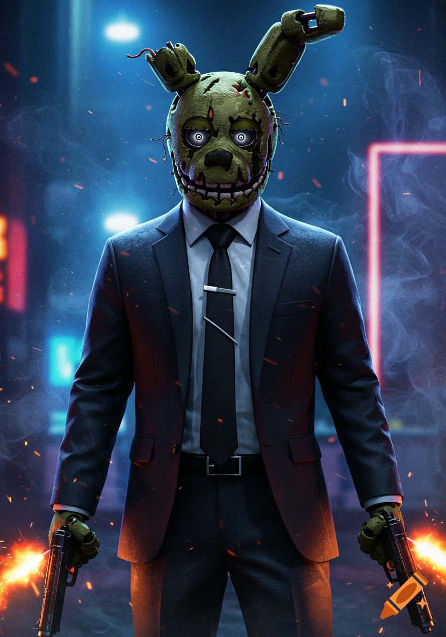 Springtrap from FNAF dressed in a dark suit like John Wick, holding two smoking pistols in a neon-lit city street.