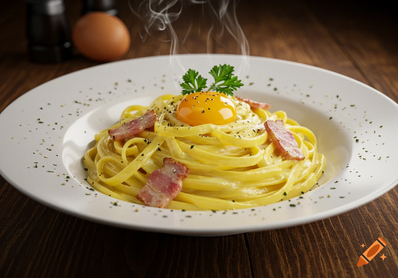 Photorealistic spaghetti carbonara with bacon, raw egg yolk, and parsley, steaming on a white plate on a wooden table.