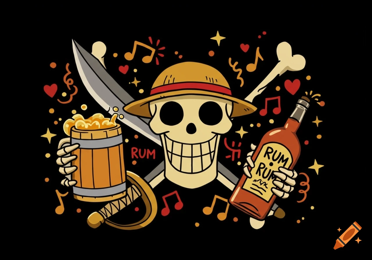 A cartoon pirate skull wearing a straw hat, holding a rum mug and a rum bottle, with crossed sword and bone, on a black background.