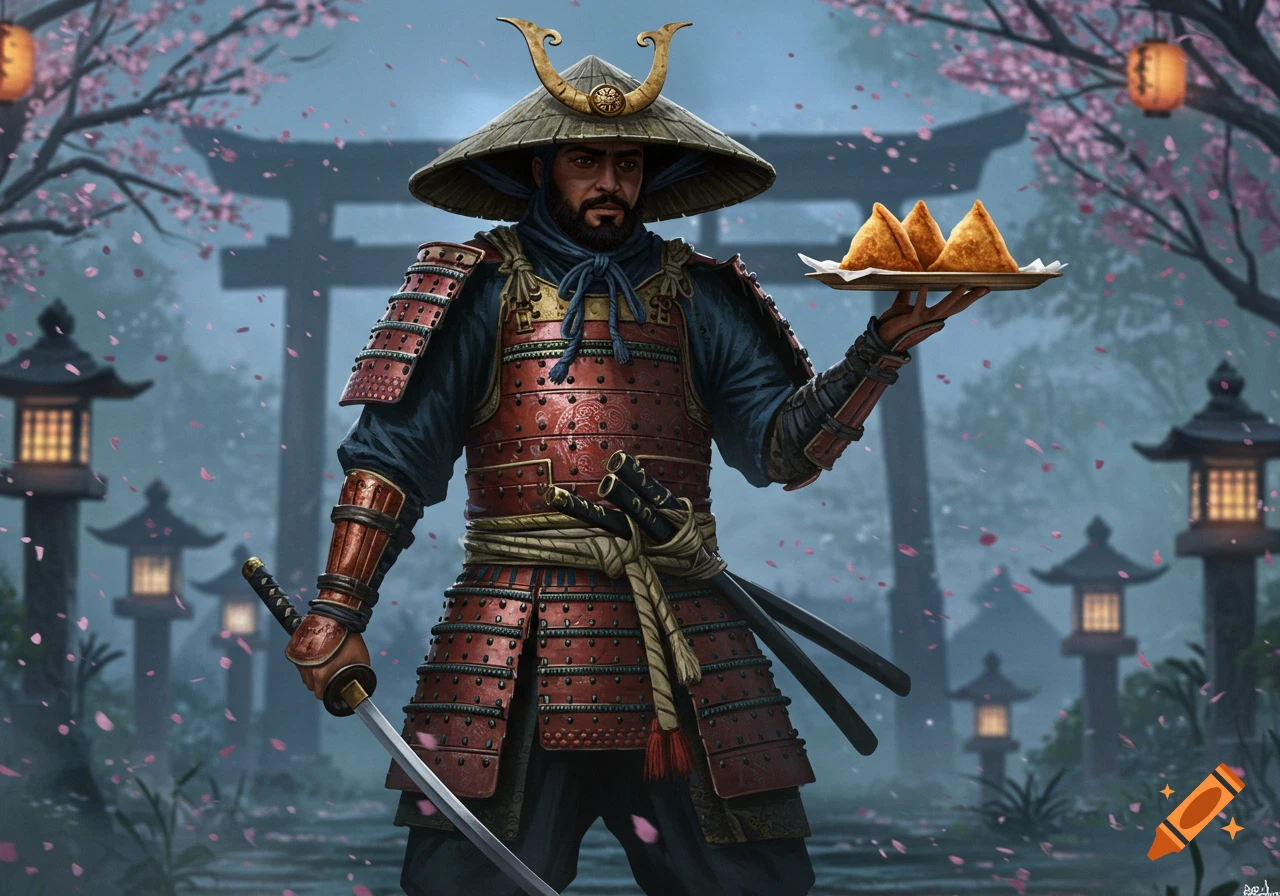 Bearded samurai in red armor holding samosas on a plate and a katana, standing in a Japanese garden with cherry blossoms. Digital art.