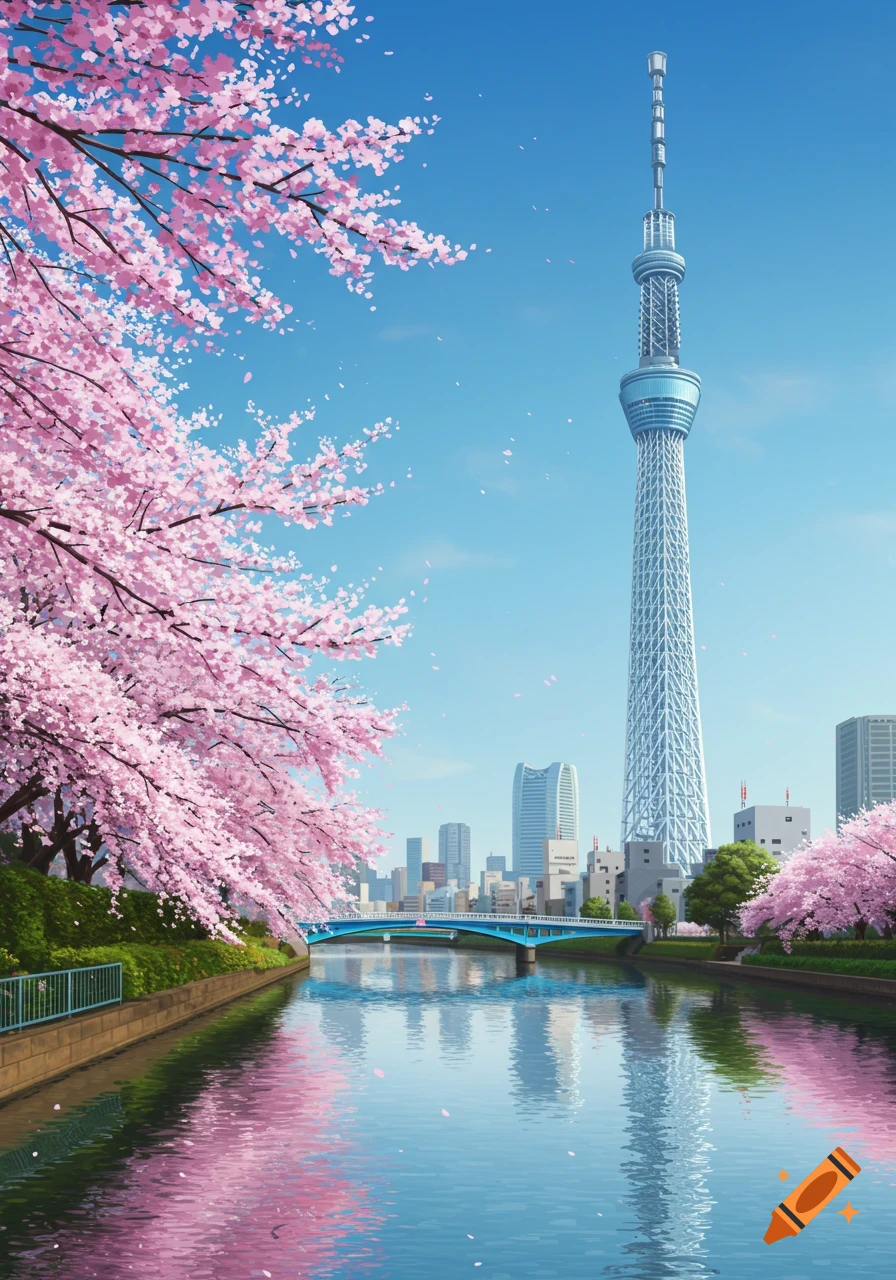 Anime cityscape with Tokyo Skytree, Sumida River, a blue bridge, and vibrant pink cherry blossoms under a clear blue sky.