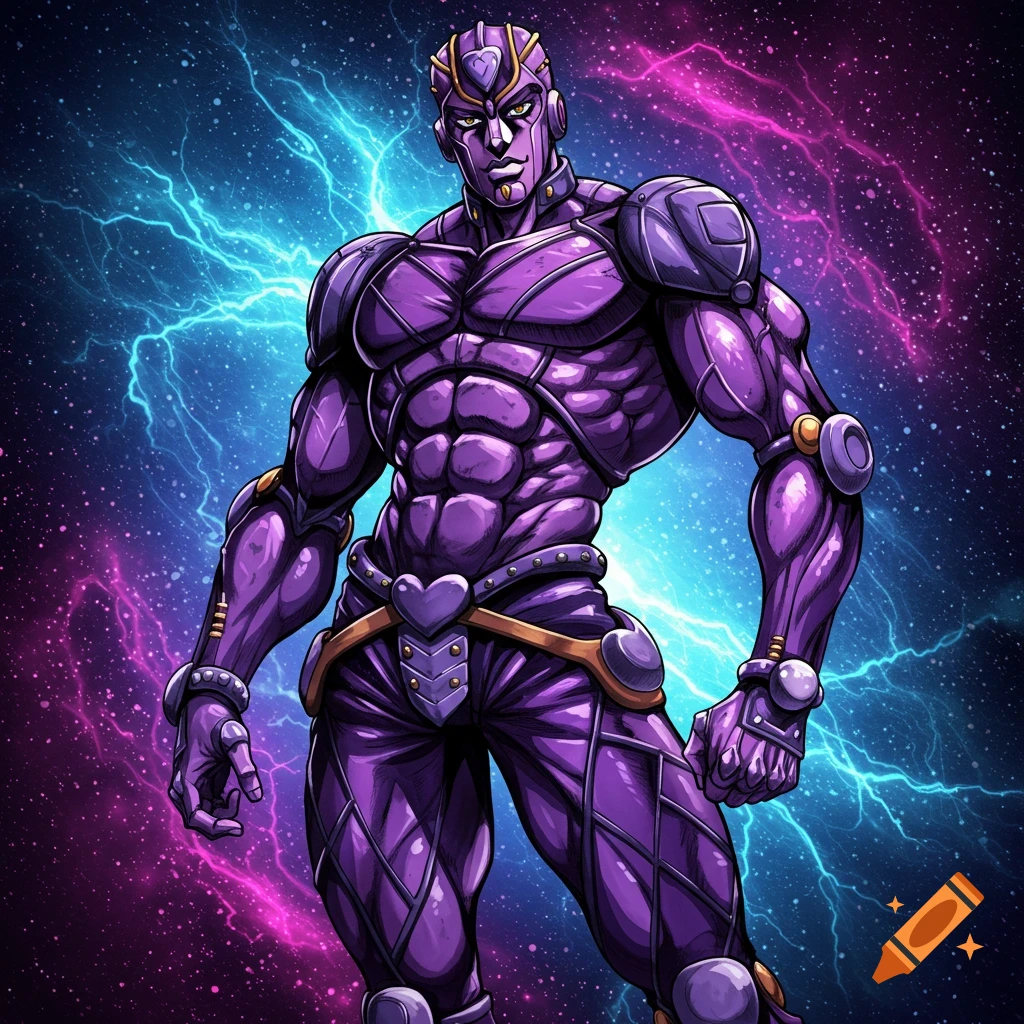 A muscular, purple-skinned male anime character in a stylized armored suit stands against a cosmic background with blue and pink lightning.