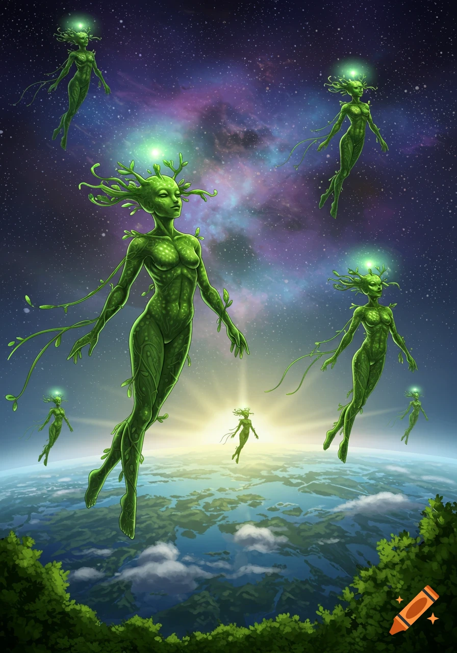 Green, plant-like humanoid figures float in space above Earth, depicted in an illustrative style.