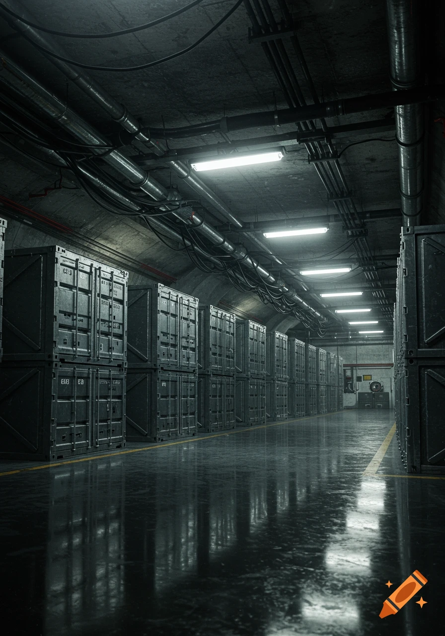 Underground storage unit with rows of dark containers, reflective floor, and bright fluorescent lights, photorealistic.