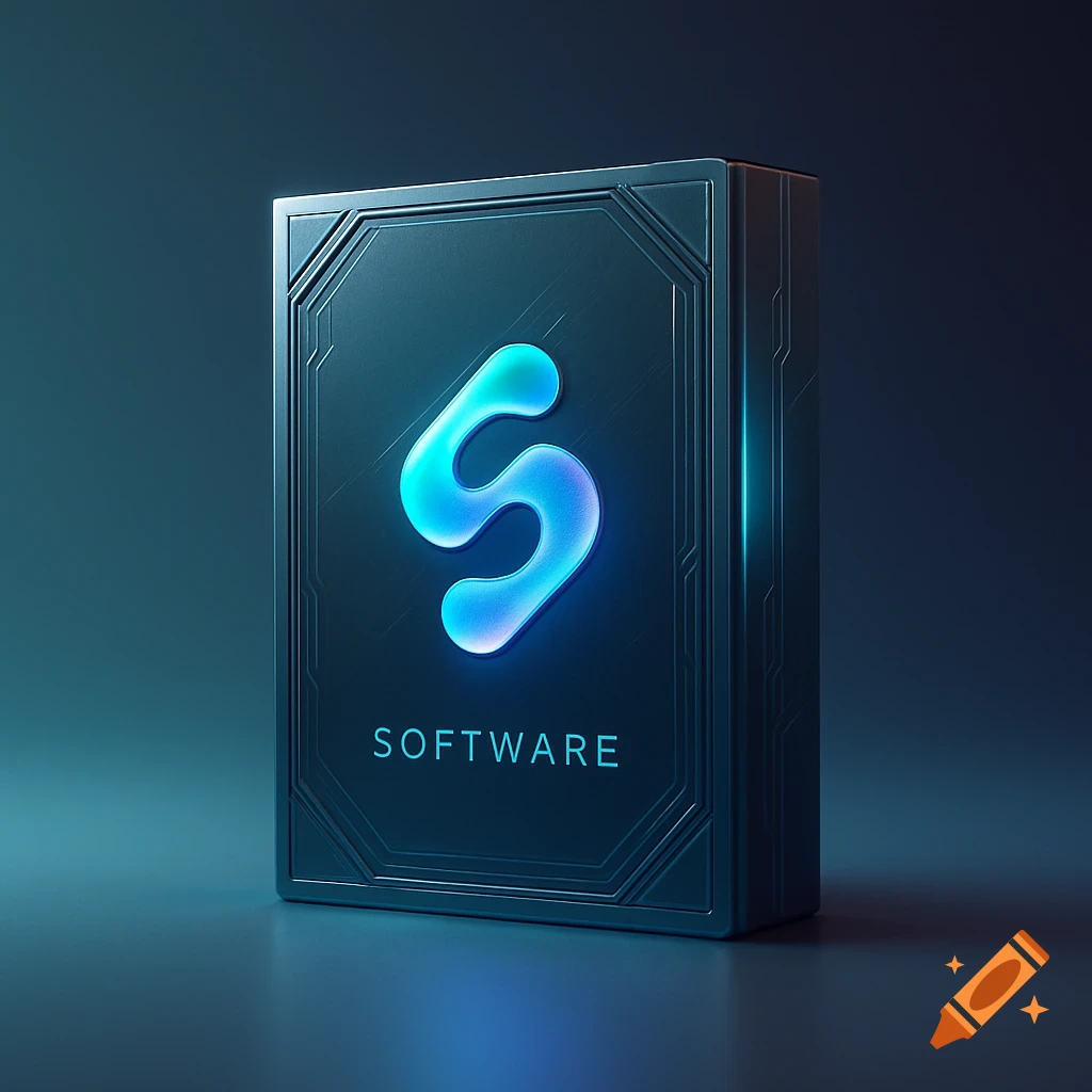Sleek, dark blue software package with a glowing blue 'S' logo and 'SOFTWARE' text, reflecting on a dark surface.