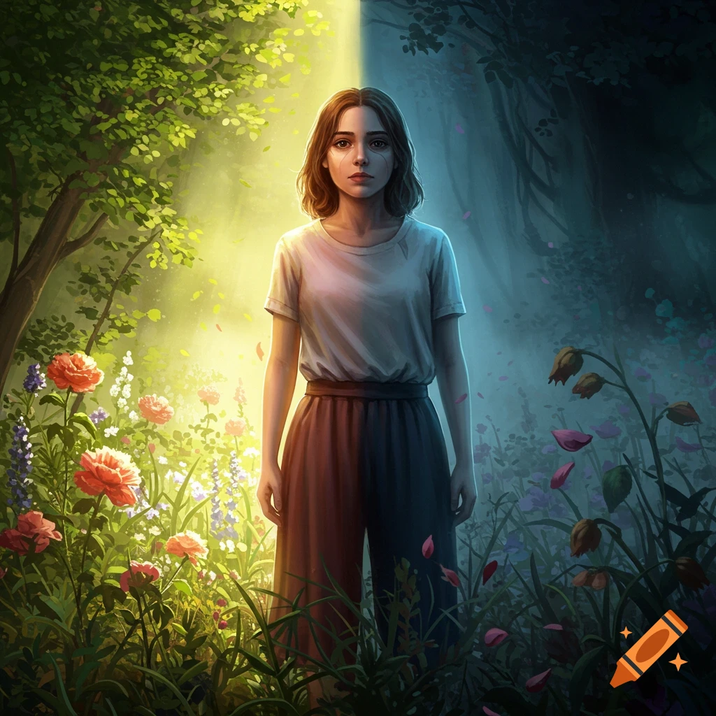 Digital artwork of a woman in a forest, split between bright, flourishing and dark, dying sides, symbolizing mental health.