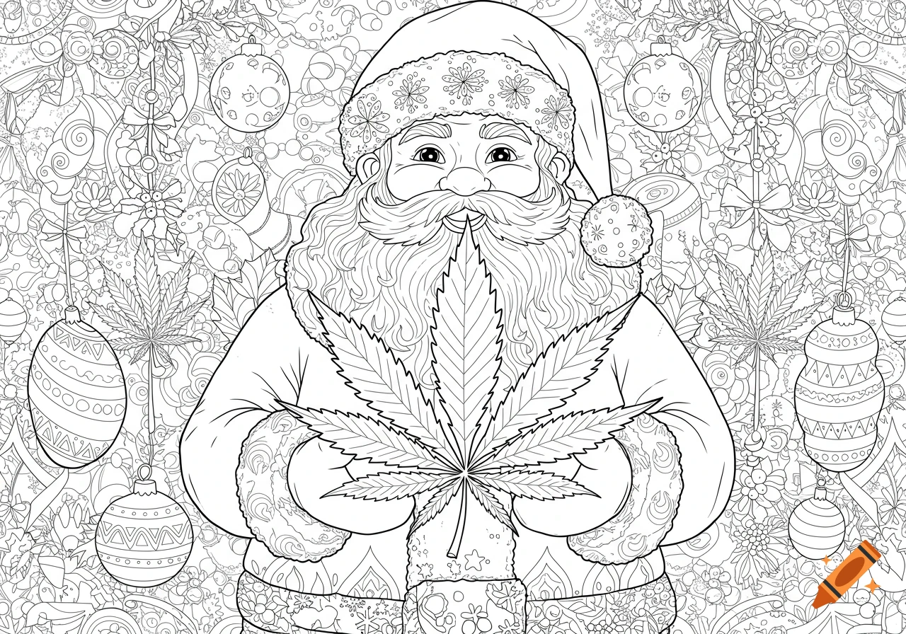 Black and white line art coloring page of Santa Claus holding a cannabis leaf, surrounded by intricate festive decorations.