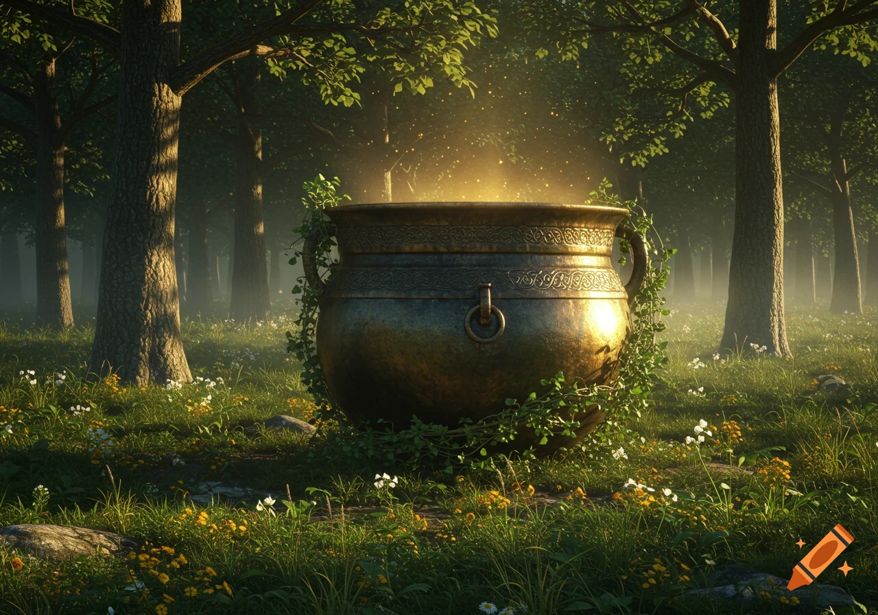 A glowing golden cauldron sits in a lush, sun-dappled forest, surrounded by green foliage and small wildflowers.