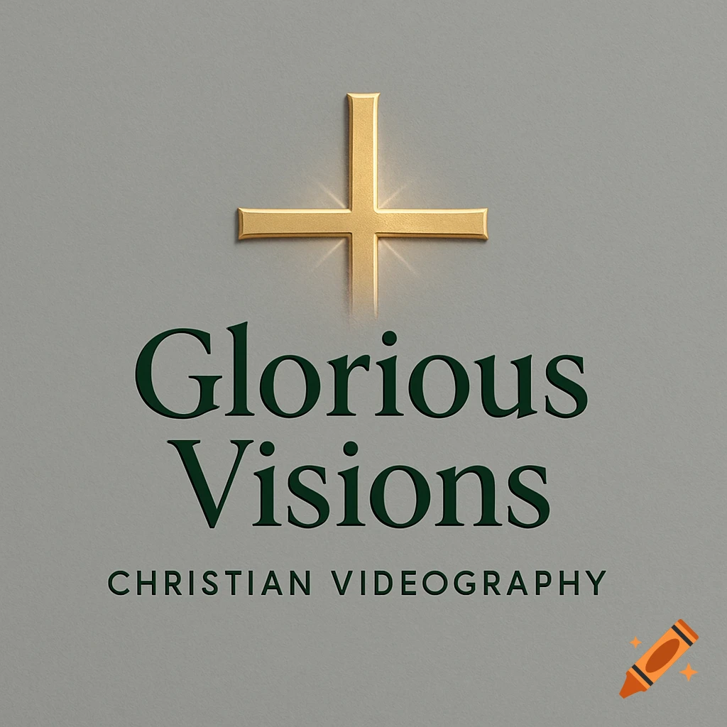 Logo for 'Glorious Visions Christian Videography' with a golden cross on a gray background.