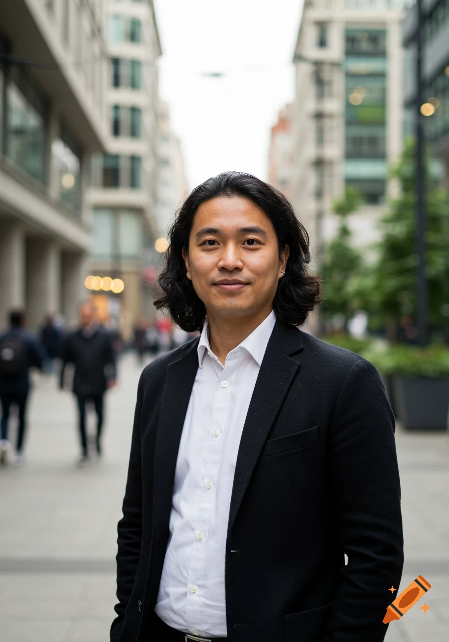 A man with long black hair in a black blazer and white shirt smiles at the camera on a city street.