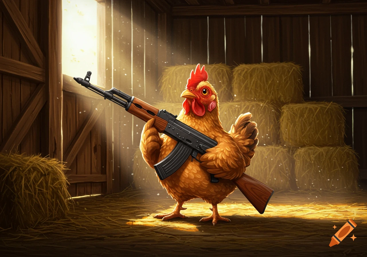 A stylized chicken stands in a barn, holding an AK-47 rifle amidst hay bales with sunbeams filtering in.