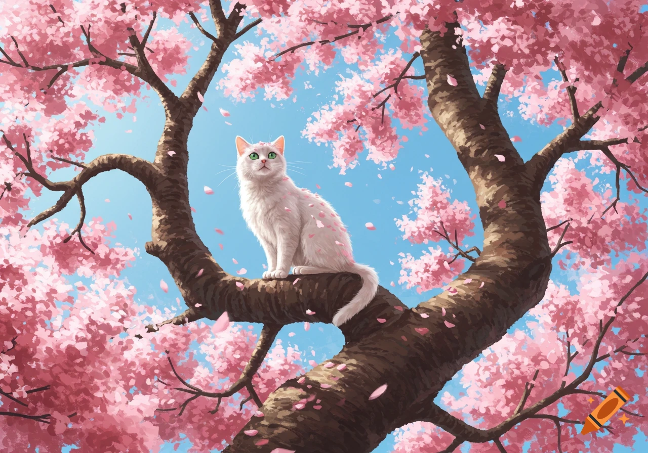 A white cat with green eyes sits on a branch of a pink cherry blossom tree against a blue sky, with petals falling.