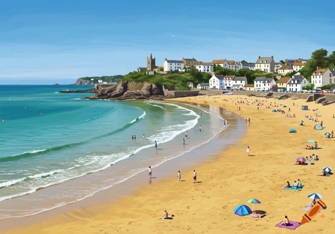 A colorful illustration of Tenby beach, showing a curving sandy shore, aqua-blue sea, and a village on a cliff under a clear sky, with people on the beach.