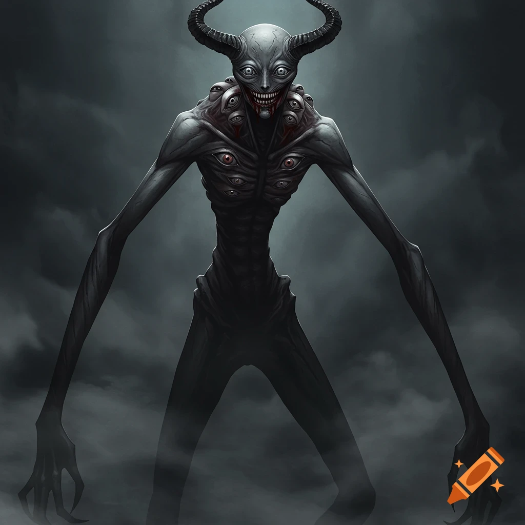 A tall, slender, grey-skinned horned monster with many wide-open eyes on its face and chest, and a terrifying smile, stands in a misty, dark setting.