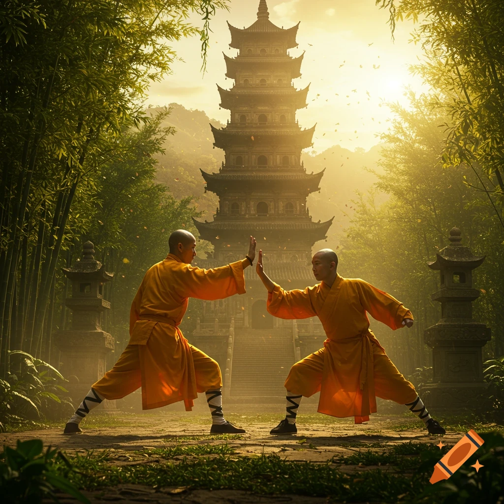 Photorealistic image of two Shaolin monks practicing martial arts in a bamboo forest with a grand pagoda temple in the background.