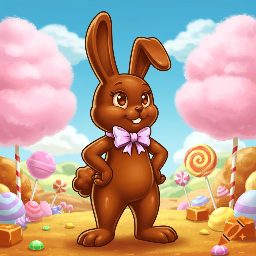 A cute cartoon chocolate bunny with a pink bow tie stands in a vibrant candy land surrounded by lollipops and cotton candy.