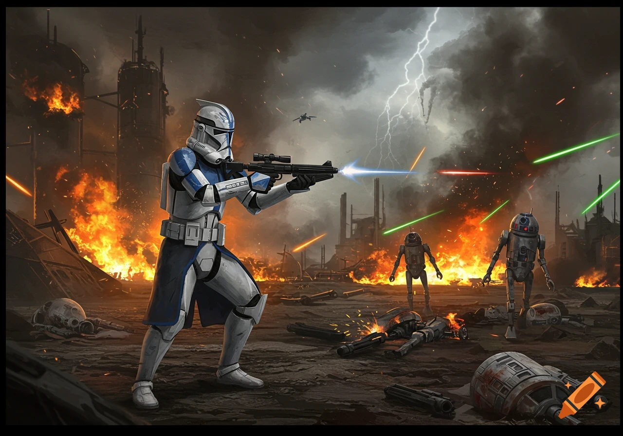 A clone trooper shoots a blaster on a fiery, ruined battlefield against droids, lightning in the sky, digital art.