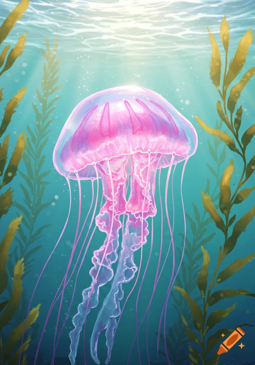 Vibrant illustration of a translucent pink jellyfish swimming amidst green seaweed in sunlit turquoise water.