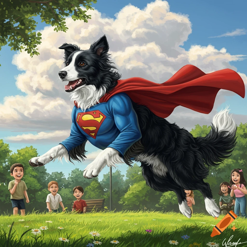 A majestic black and white Border Collie wearing a blue Superman suit and red cape flies over a group of joyful children in a sunny park.