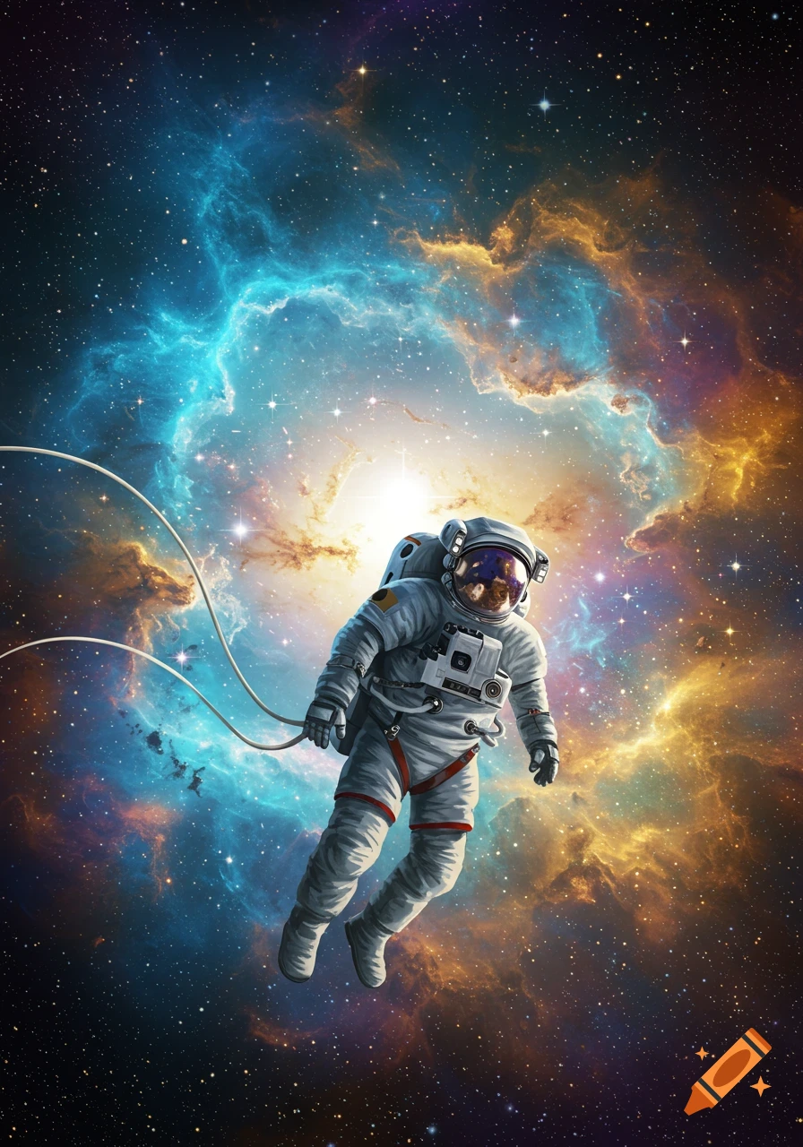 A detailed astronaut floats through a vibrant, colorful nebula filled with stars.