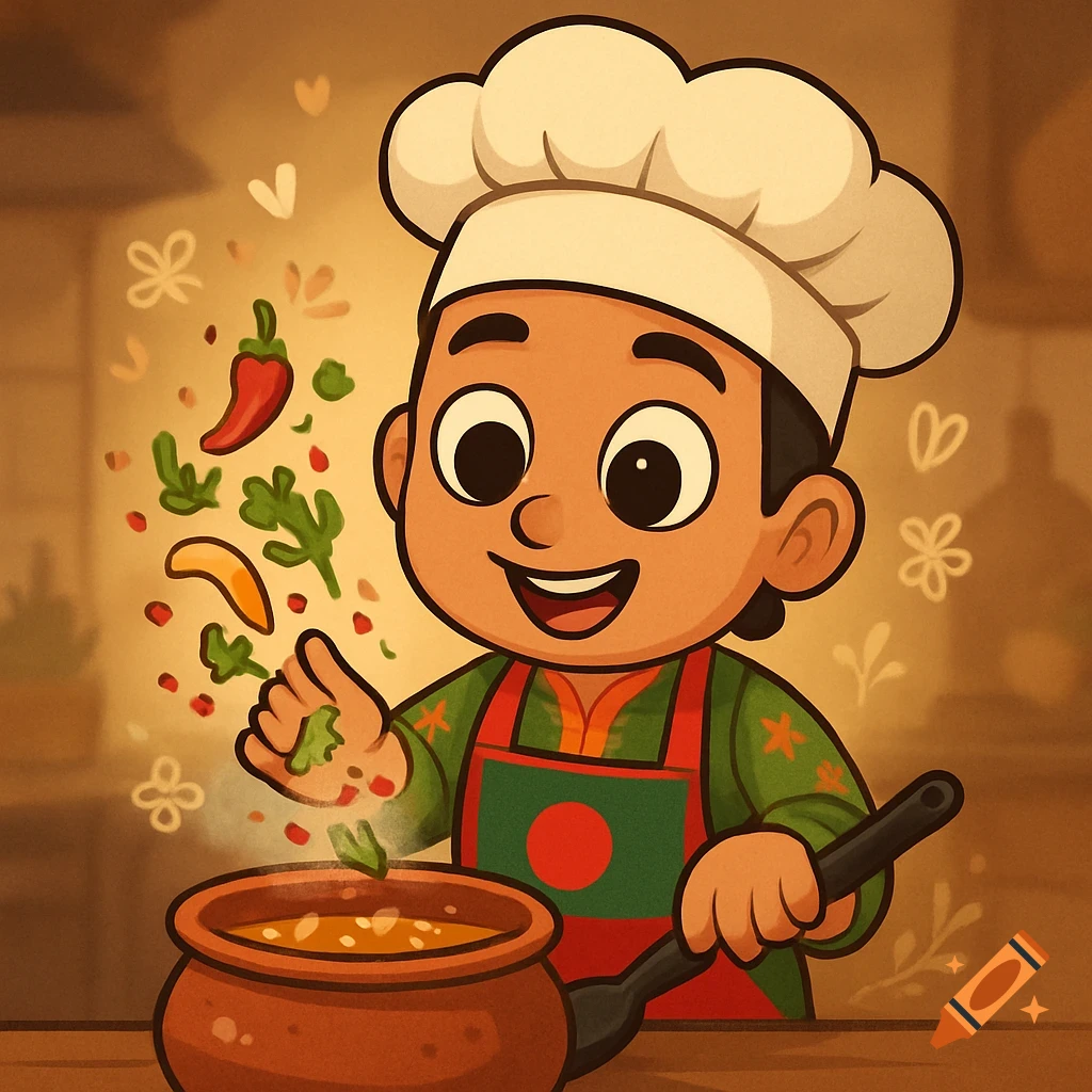 Cartoon child chef in a chef hat and apron with a Bangladeshi flag logo, smiling while cooking with spices and vegetables floating above a pot.