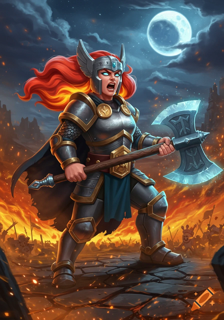 A stylized armored female warrior with red hair and glowing eyes wields a glowing axe amidst fiery battle, under a full moon.