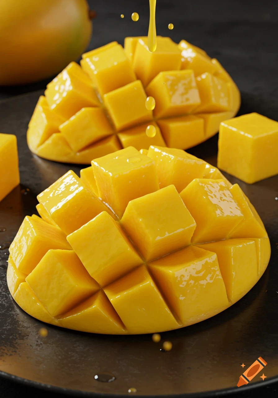 Close-up of two halves of a mango, scored into cubes, on a dark plate with juice dripping. Another mango is blurred in the background.