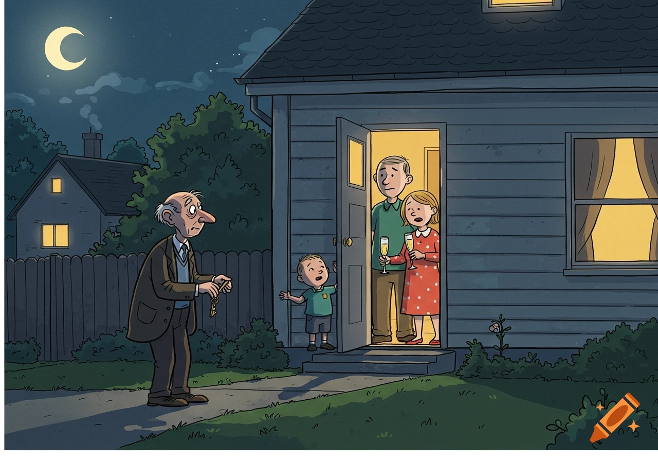 A humorous cartoon shows an old man looking lost with keys outside a house at night, while a family with champagne opens the door.