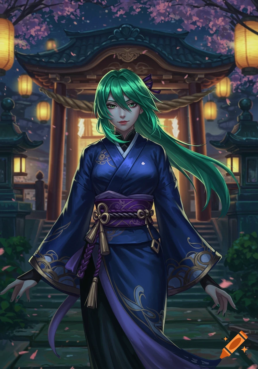 Anime woman with flowing green hair in a blue kimono, standing before a Japanese torii gate with lanterns and cherry blossoms at night.