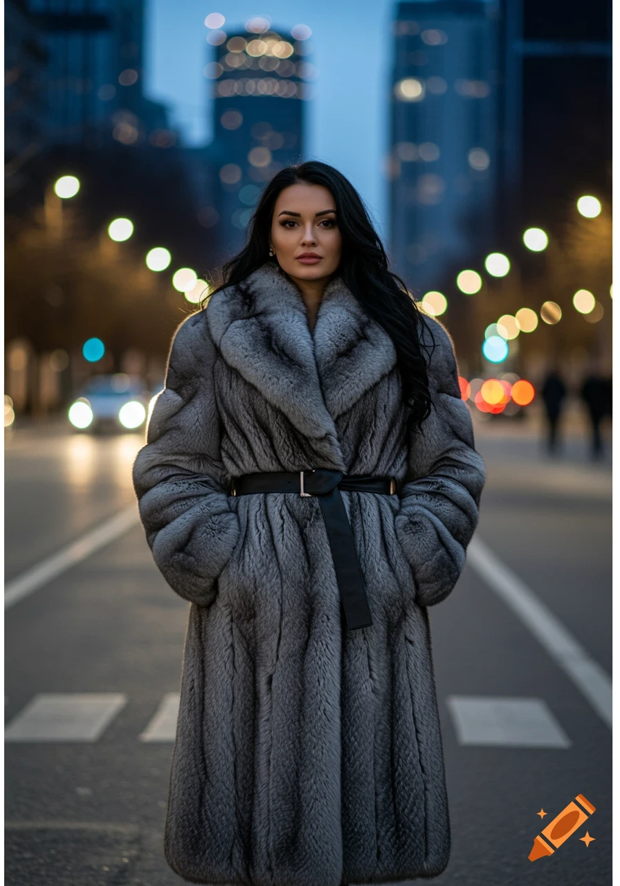 A woman in a long grey fur coat with a black belt stands on a city street at night with blurred lights.