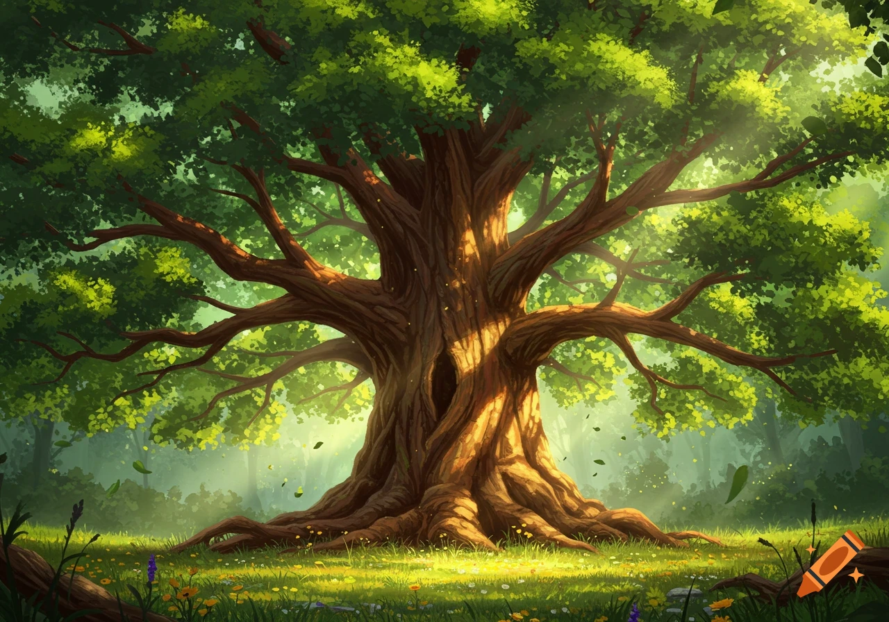 A majestic, ancient tree with sprawling branches and roots, bathed in sunlight on a forest floor with wildflowers, digital art.
