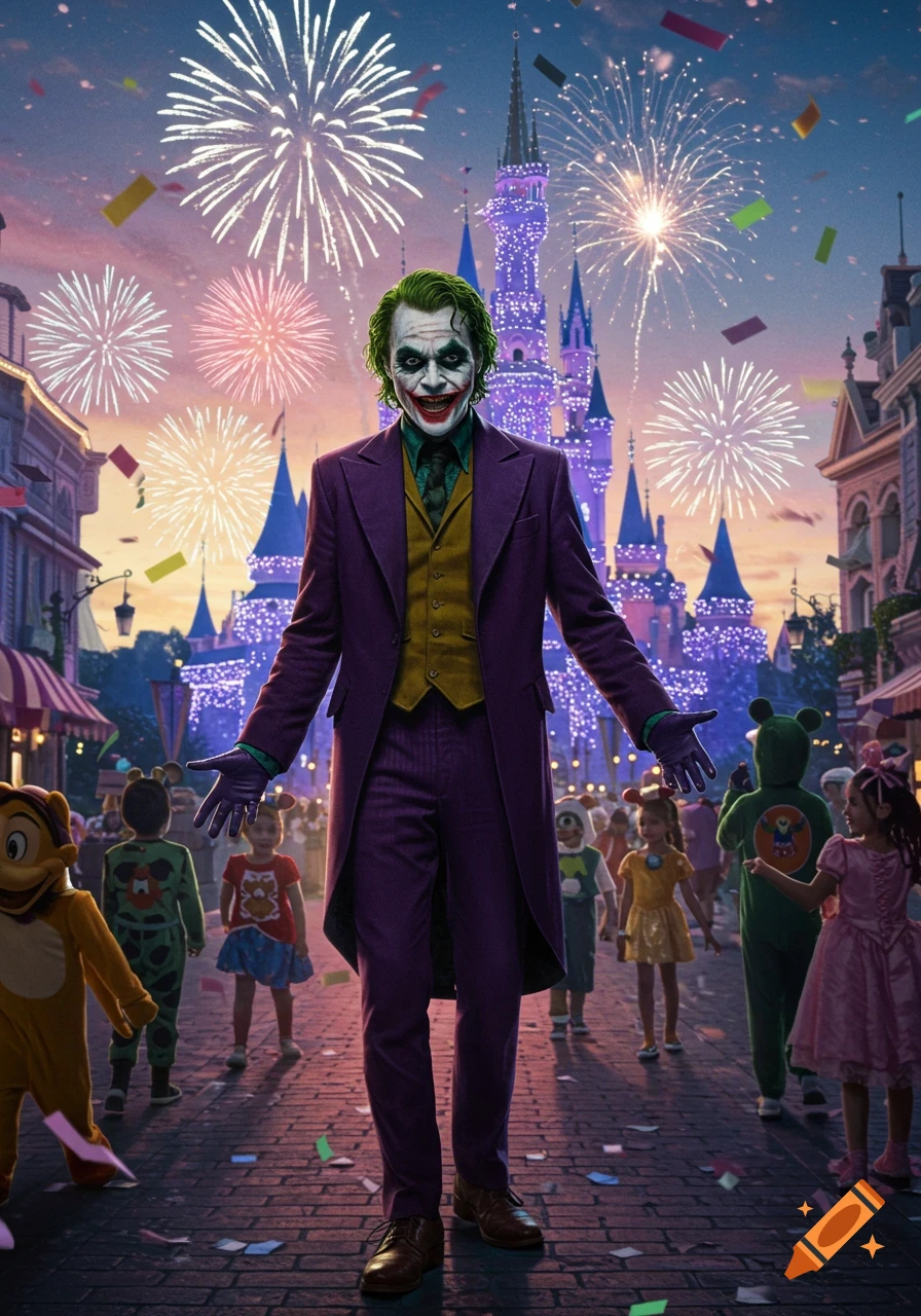The Joker in a purple suit stands arms outstretched on a crowded, festive theme park street with fireworks and a lit-up castle in the background.