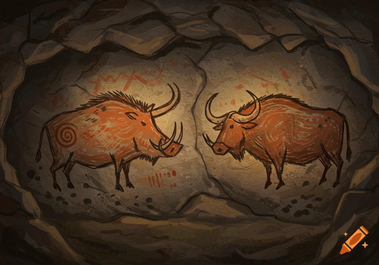 Stylized primitive cave painting of a warthog and a bison-like animal on a rock wall, illuminated by a warm glow.