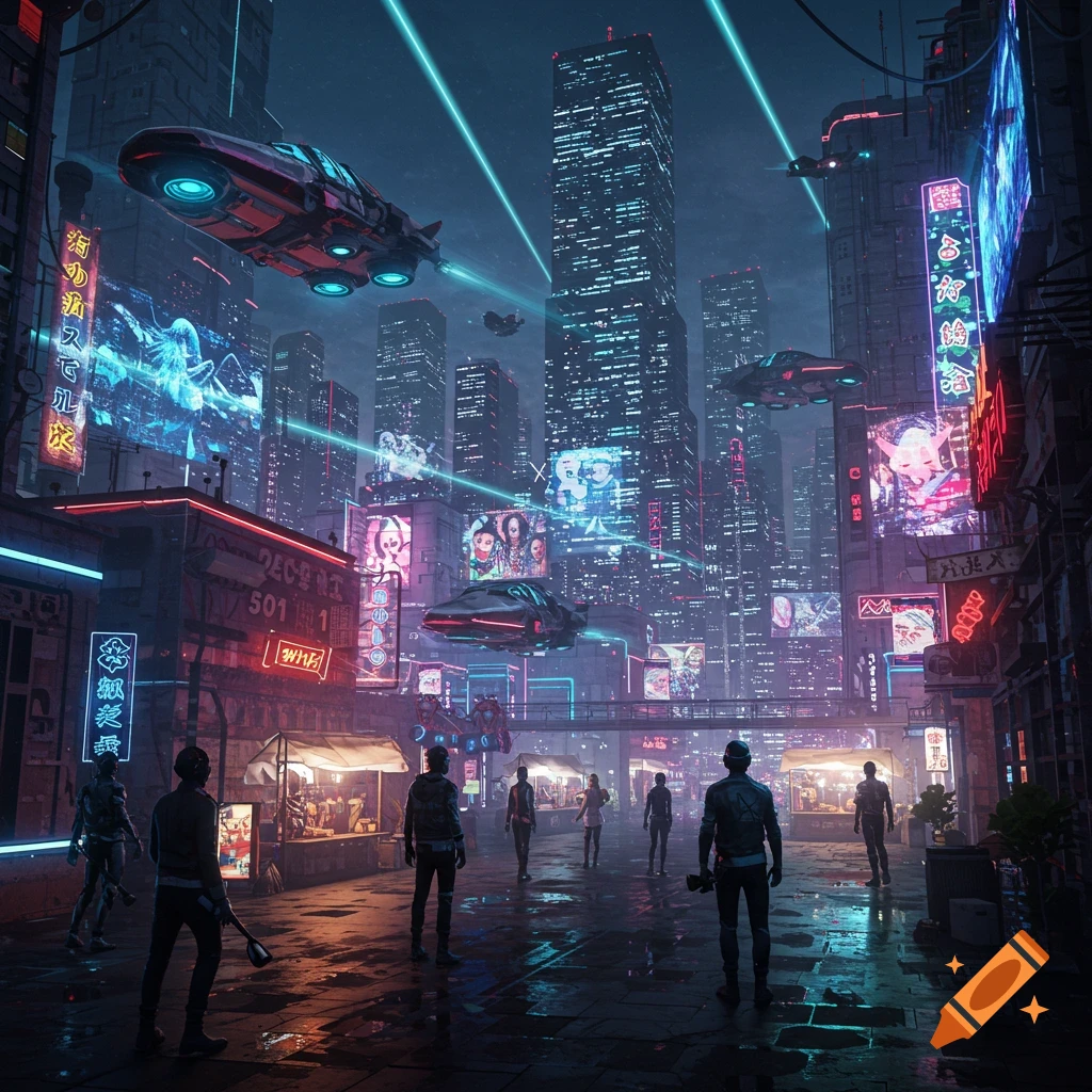 A cyberpunk city at night with neon signs, flying vehicles, and people on a wet street, viewed from behind.