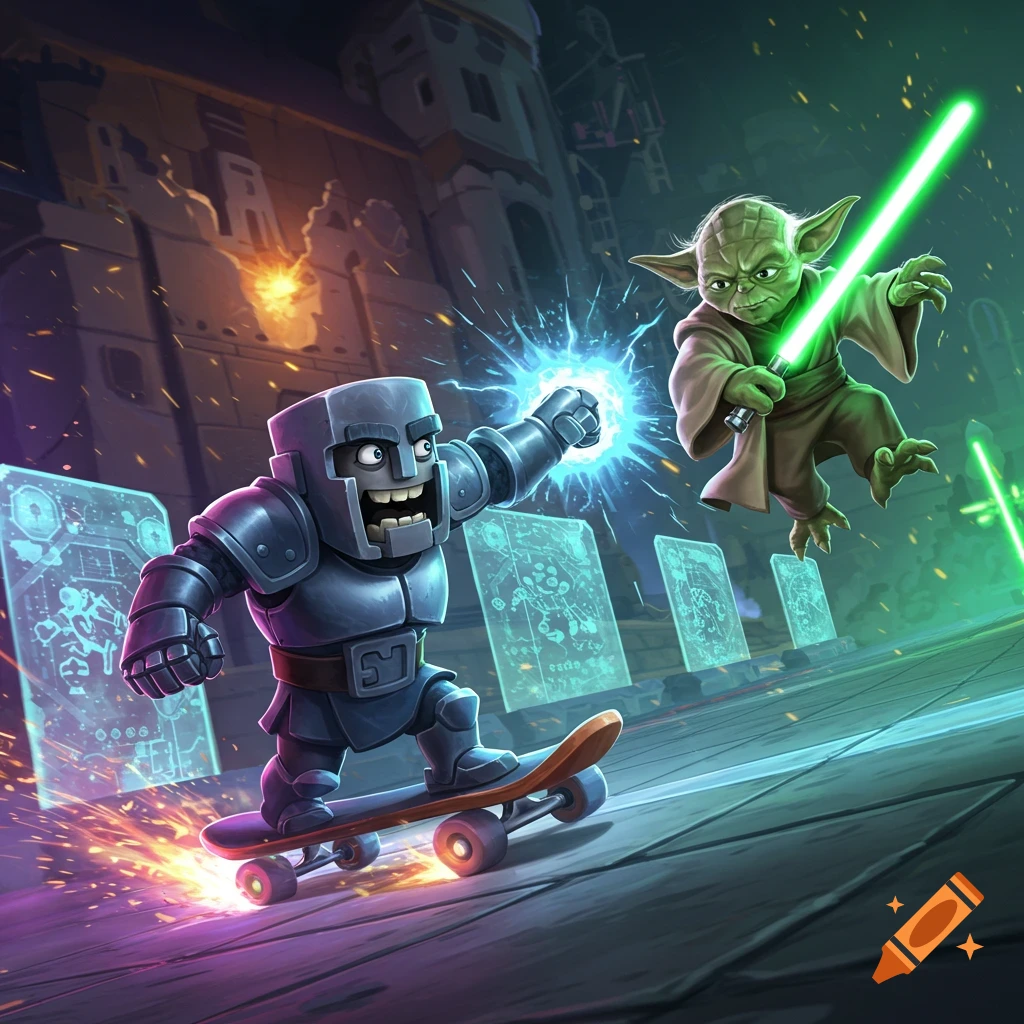 Mini P.E.K.K.A on a skateboard battles Yoda with a lightsaber in a dynamic, stylized city street illustration.
