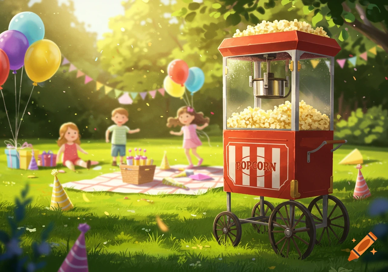An illustration of a vibrant outdoor children's birthday party with a popcorn machine, balloons, and kids playing in a sunny backyard.
