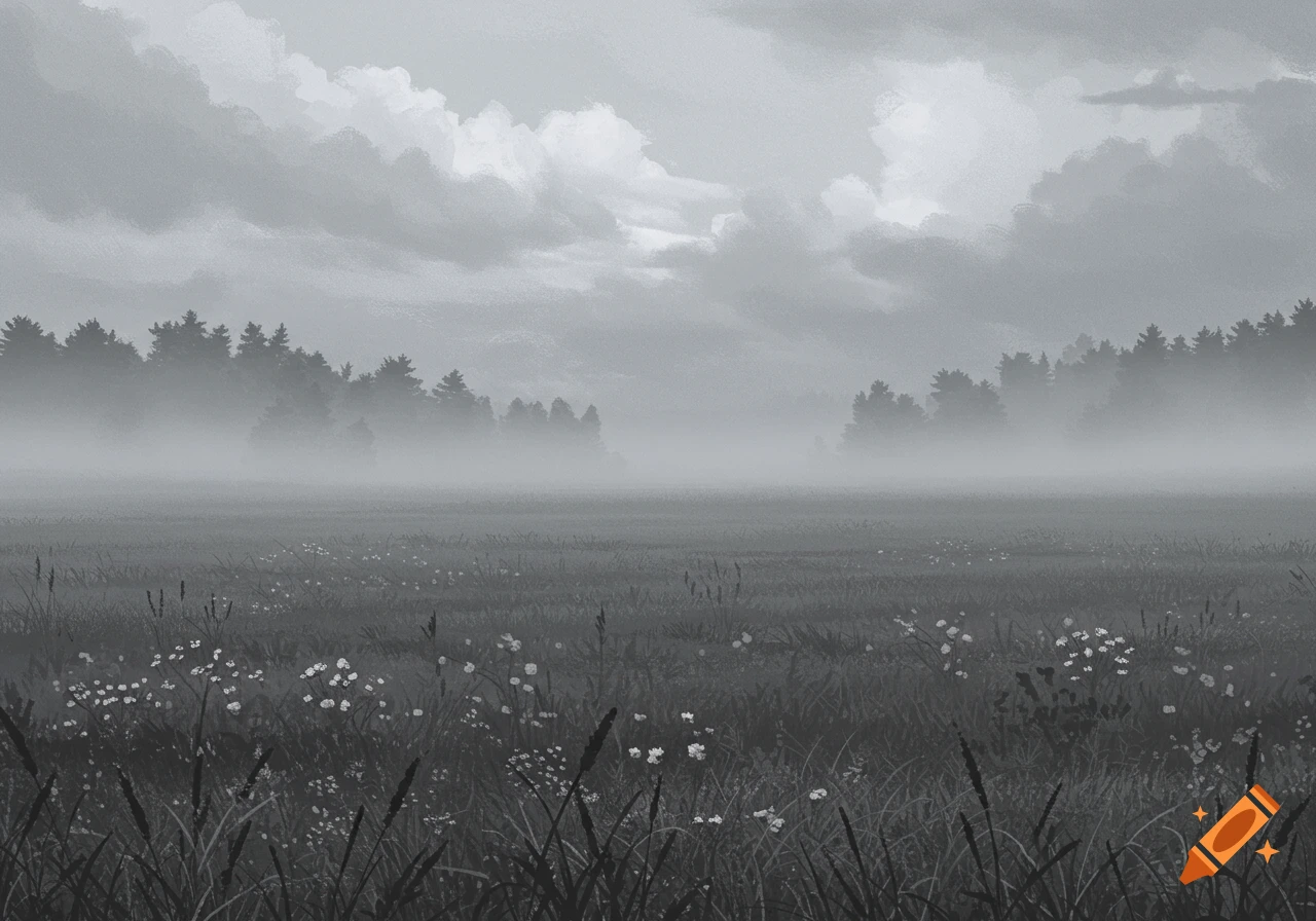 A grayscale illustration of a misty meadow with wildflowers and a distant forest under a cloudy sky.