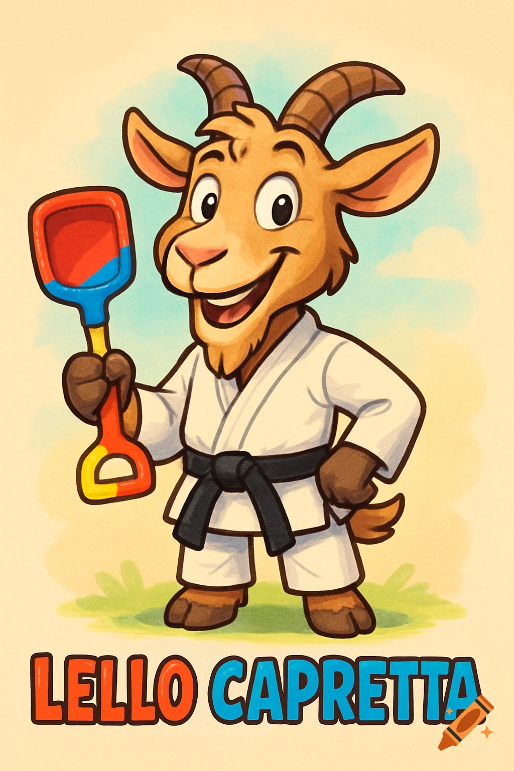 Friendly cartoon goat mascot in taekwondo uniform and black belt, holding a colorful beach shovel, with 'Lello Capretta' below.