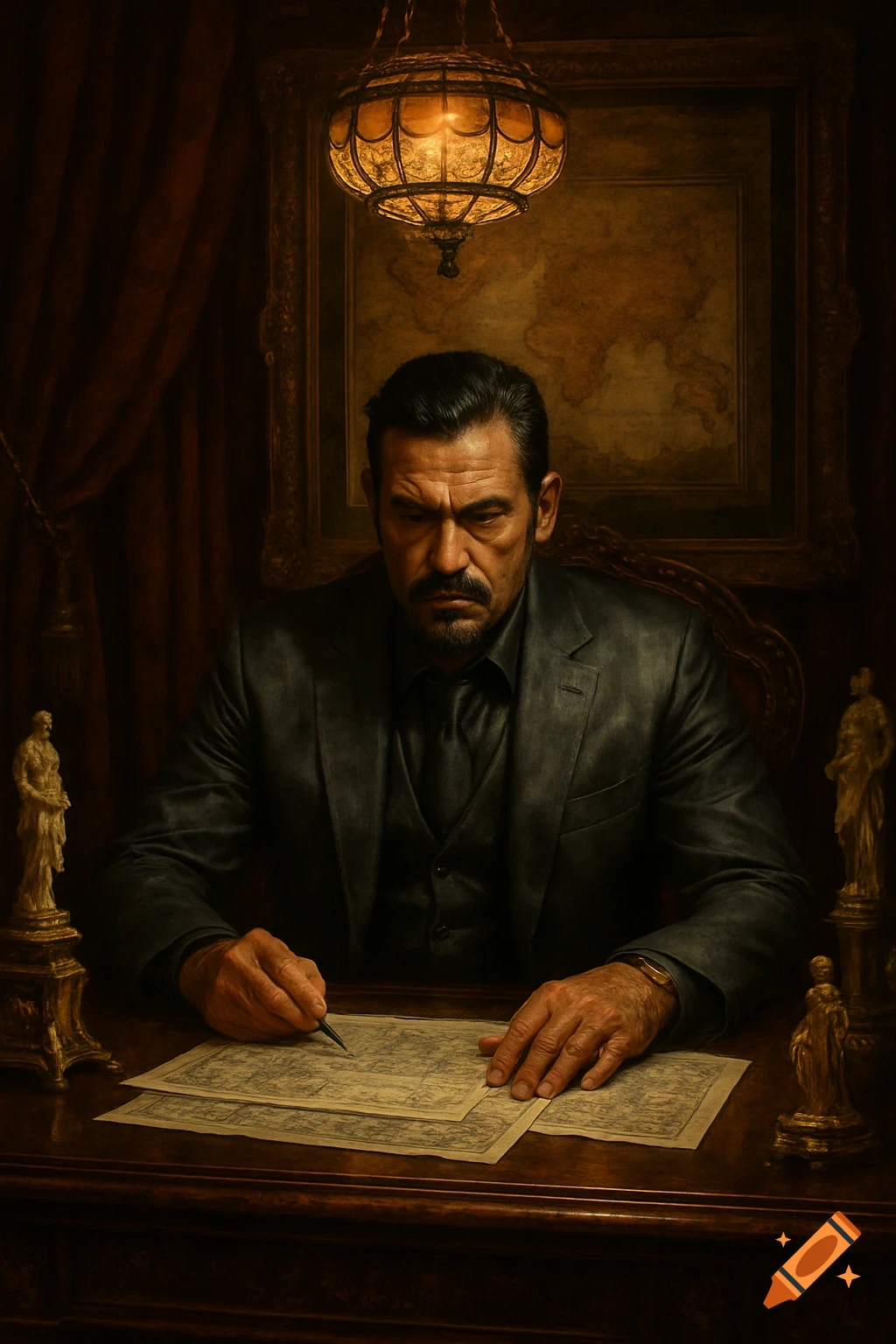 A serious man with a mustache and dark suit sits at a grand desk, writing on papers in a dimly lit, opulent room.
