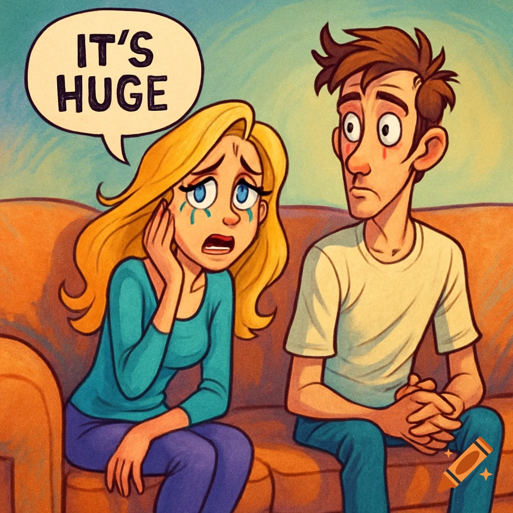 Cartoon of a crying blonde woman on a couch, saying "IT'S HUGE", next to a concerned man.