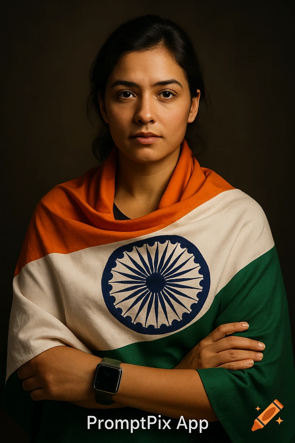 Photorealistic studio portrait of a woman draped in the Indian flag, looking confidently at the camera. She wears a smartwatch. 'PromptPix App' text at bottom.