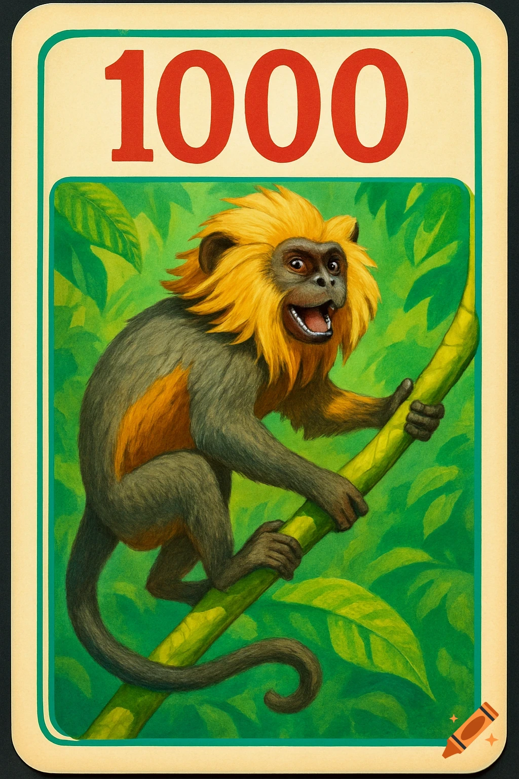 An illustrated game card featuring a golden tamarin monkey climbing a vine in a jungle, with the number 1000 at the top.