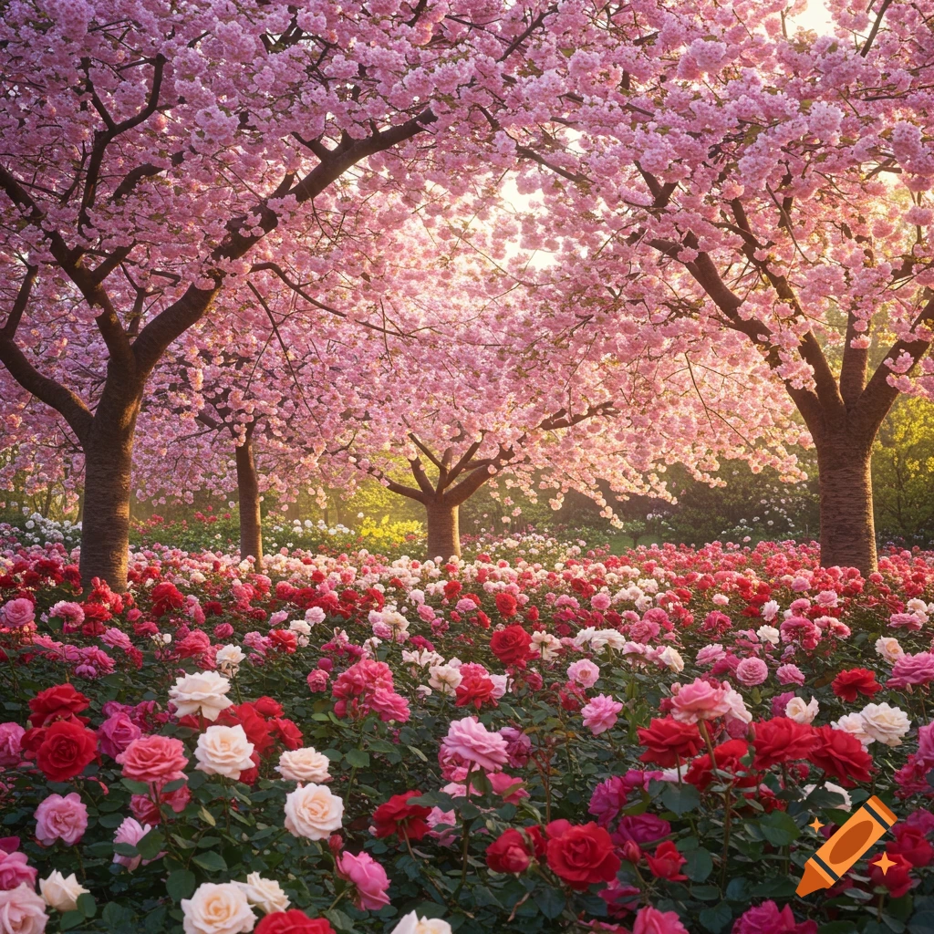 Photorealistic garden with pink cherry blossom trees overarching a dense bed of red, pink, and white roses.