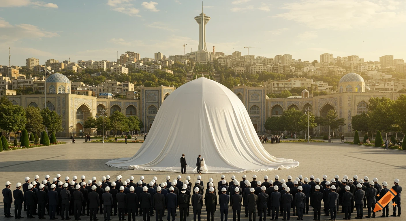 Photorealistic image of an unveiling ceremony in a Tehran public square with engineers and a white dome.