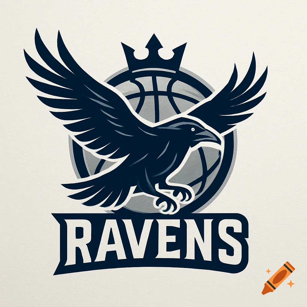 A dark blue raven logo with outstretched wings, a crown, and a basketball graphic, over the word "RAVENS" in a banner.