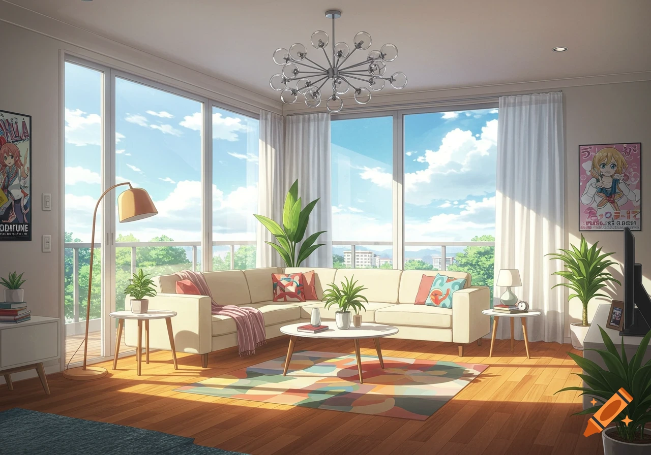Anime-style modern living room with large windows, white sectional sofa, colorful rug, many plants, and character posters.