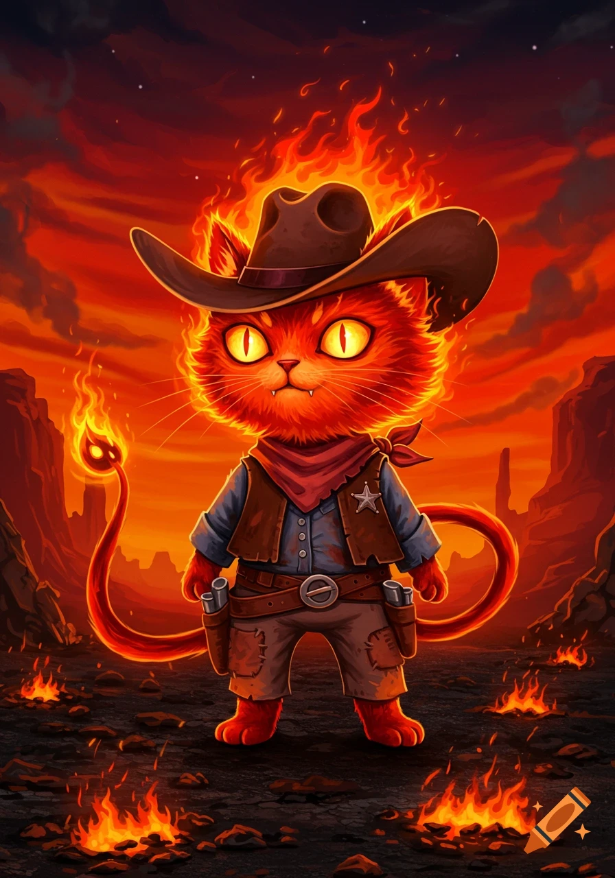 A stylized red hell kitty wearing a cowboy hat, vest, and boots, surrounded by fire in a desolate, fiery landscape.